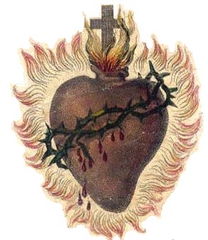 The Sacred Heart is shown wounded, encircled by a crown of thorns, surmounted by a Cross, and aflame with love for mankind. This symbol springs from the vision of the Sacred Heart had by St. Margaret Mary Alacoque.